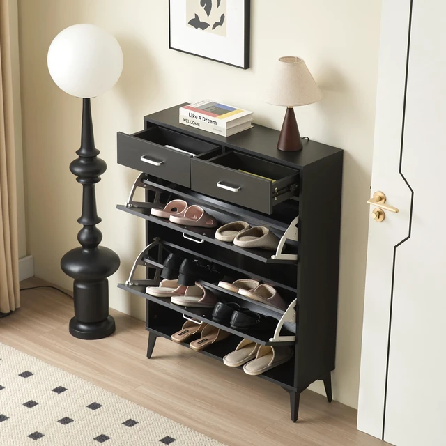 Alt view image 2 of 7 - Large Size Shoe Cabinet, Standing Tipping Bucket Shoe Rack Organizer with Flip Drawers and 2 Drawer Tipping Bucket