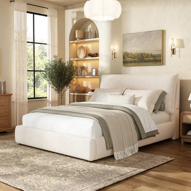 Main image of Upholstered Platform Bed Frame with Pillow Headboard, Chenille Fabric Low Profile Bed Foundation with Slats Support Box