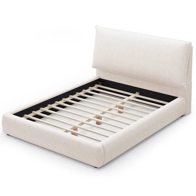 Alt view image 3 of 7 - Upholstered Platform Bed Frame with Pillow Headboard, Chenille Fabric Low Profile Bed Foundation with Slats Support Box