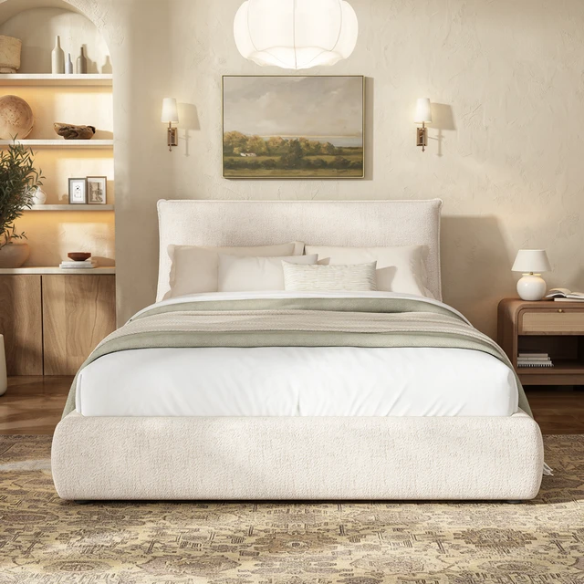 Alt view image 2 of 7 - Upholstered Platform Bed Frame with Pillow Headboard, Chenille Fabric Low Profile Bed Foundation with Slats Support Box