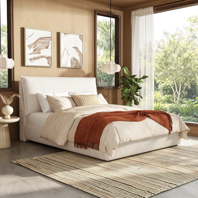 Alt view image 4 of 7 - Upholstered Platform Bed Frame with Pillow Headboard, Chenille Fabric Low Profile Bed Foundation with Slats Support Box