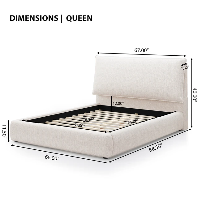 Alt view image 6 of 7 - Upholstered Platform Bed Frame with Pillow Headboard, Chenille Fabric Low Profile Bed Foundation with Slats Support Box