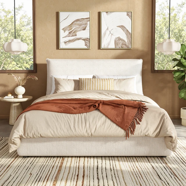 Alt view image 5 of 7 - Upholstered Platform Bed Frame with Pillow Headboard, Chenille Fabric Low Profile Bed Foundation with Slats Support Box