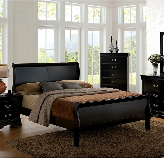 Alt view image 2 of 7 - Full Size Bed Louis Phillipe Solidwood 1 pc Bed Sleigh Black, Solid Wood, Beds Frames Bases