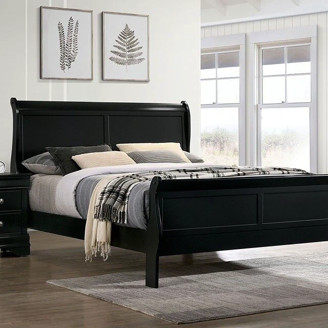 Alt view image 3 of 7 - Full Size Bed Louis Phillipe Solidwood 1 pc Bed Sleigh Black, Solid Wood, Beds Frames Bases