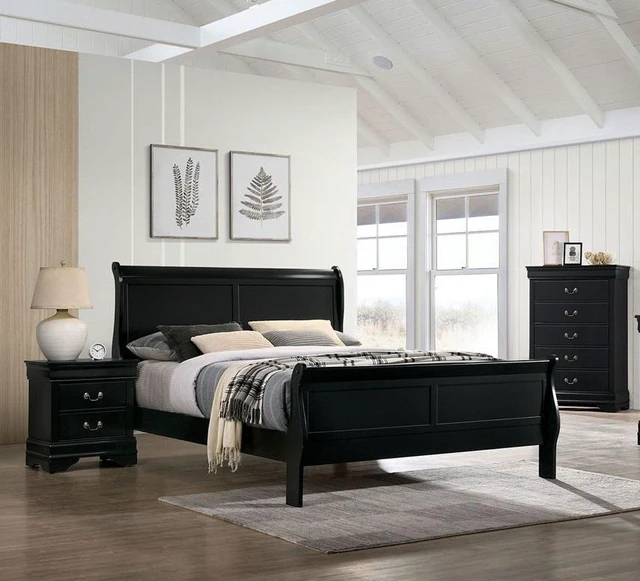 Main image of Full Size Bed Louis Phillipe Solidwood 1 pc Bed Sleigh Black, Solid Wood, Beds Frames Bases