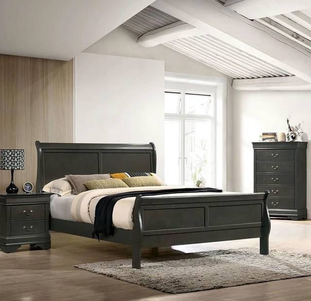 Main image of Full Size Bed Louis Phillipe Solidwood 1 pc Bed Sleigh Furniture, Gray, Solid Wood, Beds Frames Bases