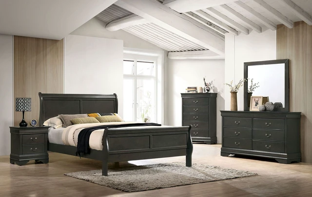 Alt view image 2 of 6 - Full Size Bed Louis Phillipe Solidwood 1 pc Bed Sleigh Furniture, Gray, Solid Wood, Beds Frames Bases