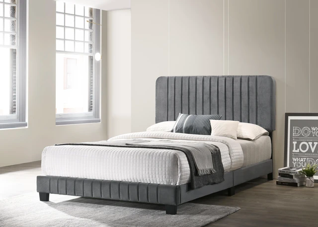 Main image of Sleek Full Bed, Gray, Velvet, Beds Frames Bases