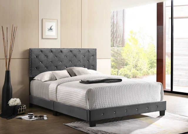 Main image of Sophisticated Queen Bed, Gray, Velvet, Beds Frames Bases