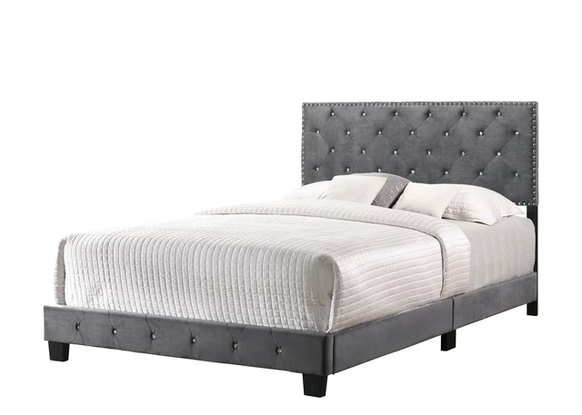 Alt view image 2 of 7 - Sophisticated Queen Bed, Gray, Velvet, Beds Frames Bases