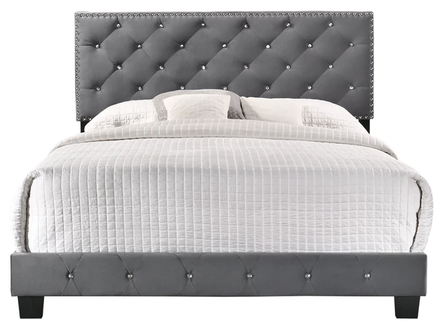 Alt view image 6 of 7 - Sophisticated Queen Bed, Gray, Velvet, Beds Frames Bases