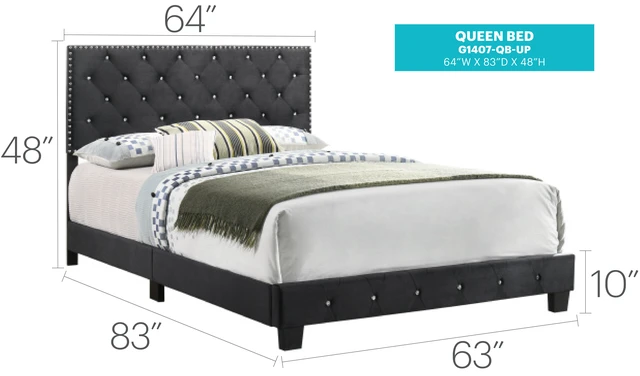 Alt view image 2 of 7 - Queen Bed, Black, Velvet, Beds Frames Bases