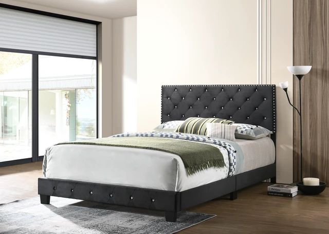 Main image of Queen Bed, Black, Velvet, Beds Frames Bases