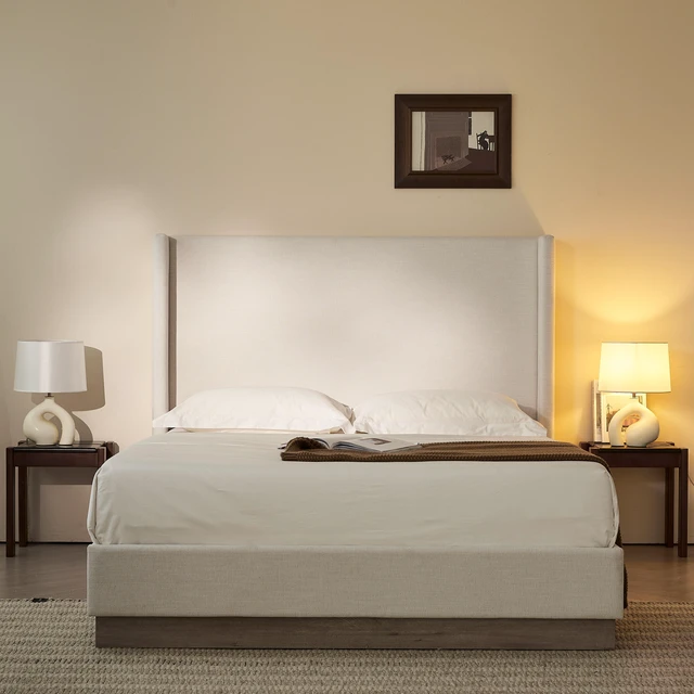 Main image of Hosford Upholstered Wingback Bed Upholstered Wood Base Platform Bed 52.5 Inch High Headboard Rusticity Box Spring