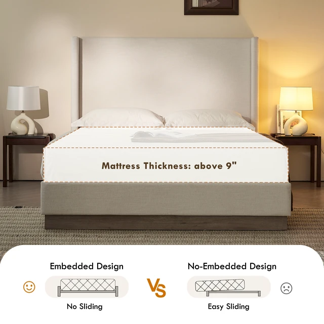 Alt view image 5 of 7 - Hosford Upholstered Wingback Bed Upholstered Wood Base Platform Bed 52.5 Inch High Headboard Rusticity Box Spring