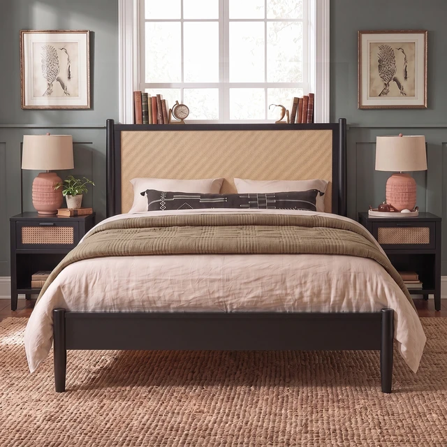 Alt view image 2 of 7 - Queen Size Platform Bed Frame with Rattan Headboard, Wicker Bed with Wooden Slats Support Coastal Box Spring Needed