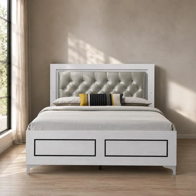 Main image of Casilda Leatherette and Eastern King Bed LED, Gray White, Fabric, Solid Wood and Synthetic Wood, Beds Frames Bases