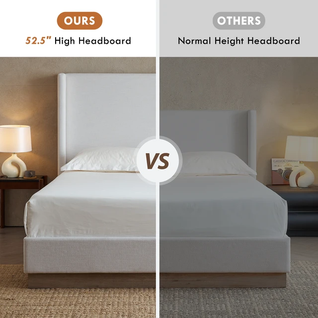Alt view image 7 of 7 - Hosford Upholstered Wingback Bed Upholstered Wood Base Platform Bed 52.5 Inch High Headboard Rusticity Box Spring