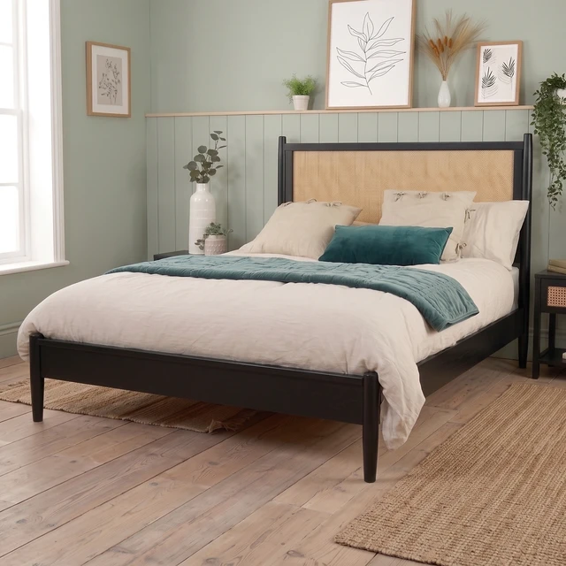 Alt view image 3 of 7 - Queen Size Platform Bed Frame with Rattan Headboard, Wicker Bed with Wooden Slats Support Coastal Box Spring Needed