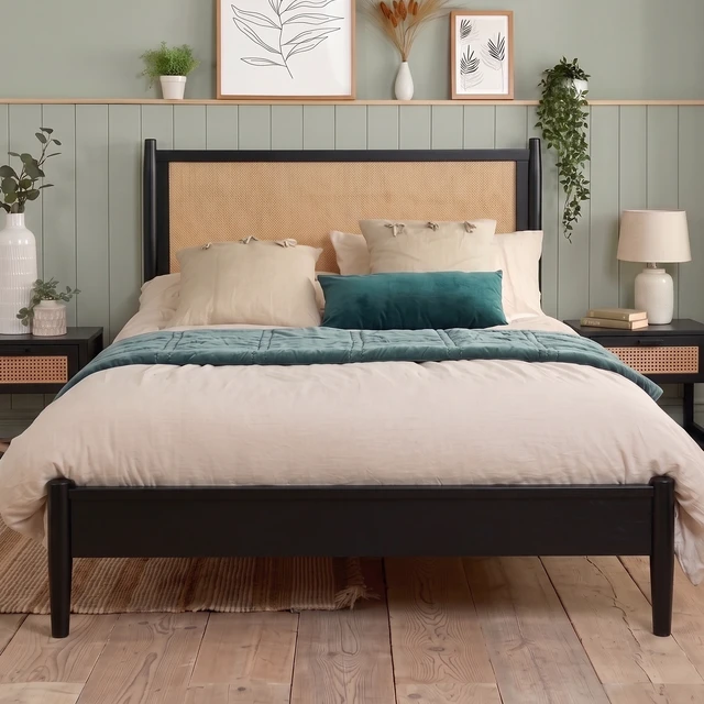Alt view image 5 of 7 - Queen Size Platform Bed Frame with Rattan Headboard, Wicker Bed with Wooden Slats Support Coastal Box Spring Needed