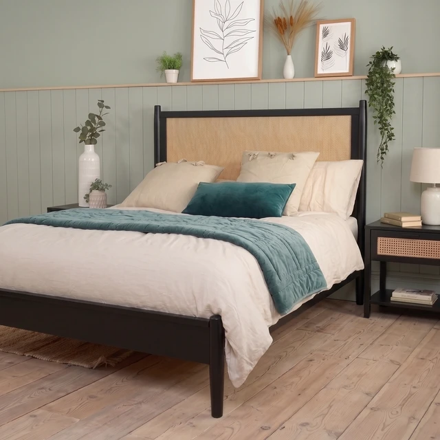 Alt view image 6 of 7 - Queen Size Platform Bed Frame with Rattan Headboard, Wicker Bed with Wooden Slats Support Coastal Box Spring Needed
