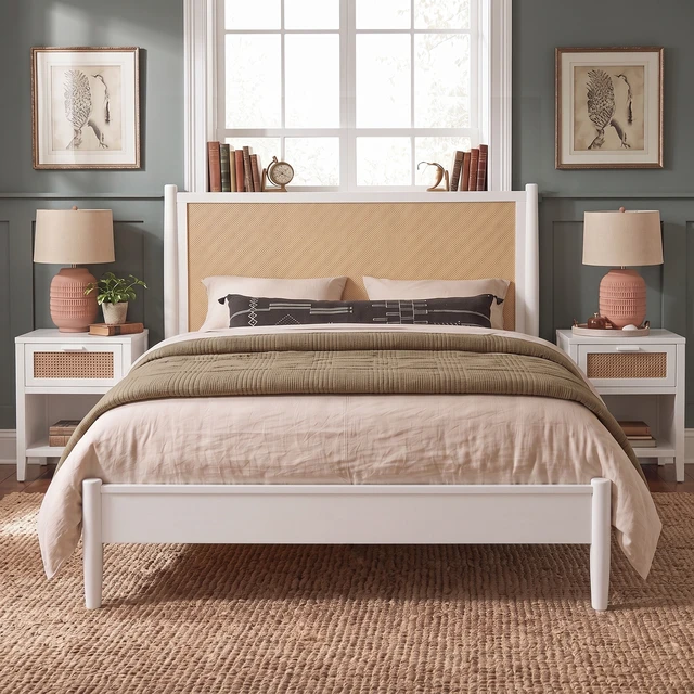 Alt view image 2 of 7 - King Size Platform Bed Frame with Rattan Headboard, Wicker Bed with Wooden Slats Support Coastal Box Spring Needed