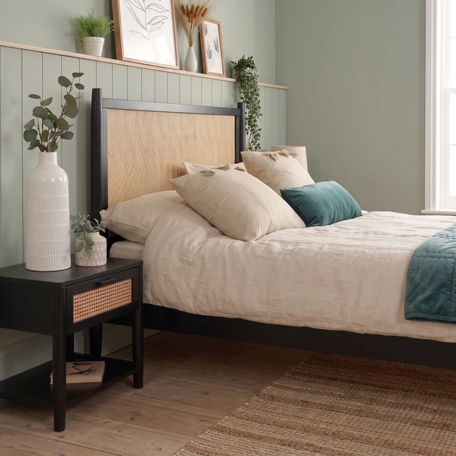 Alt view image 7 of 7 - Queen Size Platform Bed Frame with Rattan Headboard, Wicker Bed with Wooden Slats Support Coastal Box Spring Needed