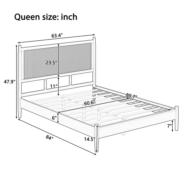Alt view image 4 of 7 - Queen Size Platform Bed Frame with Rattan Headboard, Wicker Bed with Wooden Slats Support Coastal Box Spring Needed