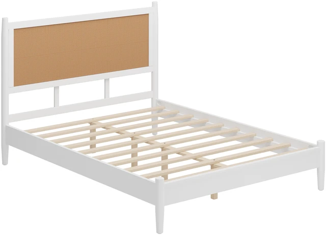 Alt view image 5 of 7 - Queen Size Platform Bed Frame with Rattan Headboard, Wicker Bed with Wooden Slats Support Coastal Box Spring Needed