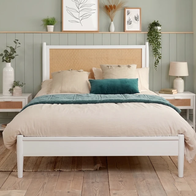 Alt view image 7 of 7 - King Size Platform Bed Frame with Rattan Headboard, Wicker Bed with Wooden Slats Support Coastal Box Spring Needed