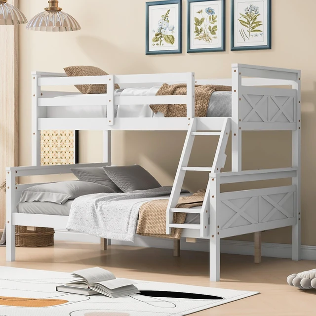 Main image of Twin Over Full Bunk Bed with Ladder, Safety Guardrail, White, Pine, Beds Frames Bases