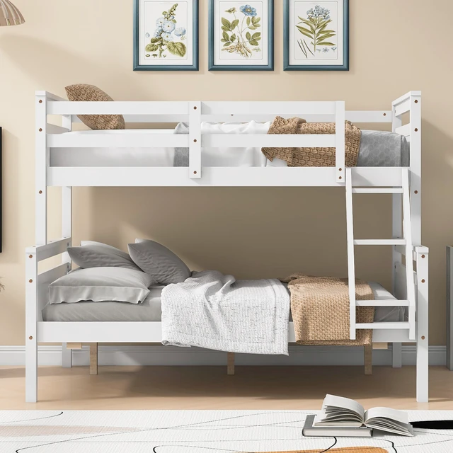 Alt view image 3 of 7 - Twin Over Full Bunk Bed with Ladder, Safety Guardrail, White, Pine, Beds Frames Bases