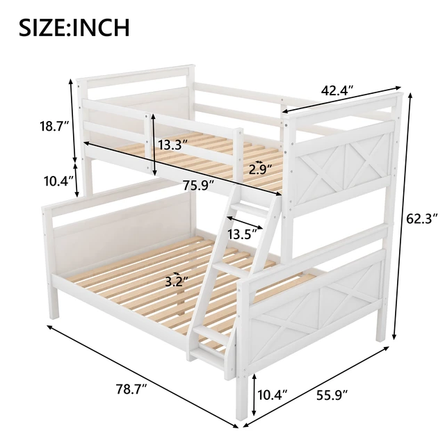 Alt view image 4 of 7 - Twin Over Full Bunk Bed with Ladder, Safety Guardrail, White, Pine, Beds Frames Bases
