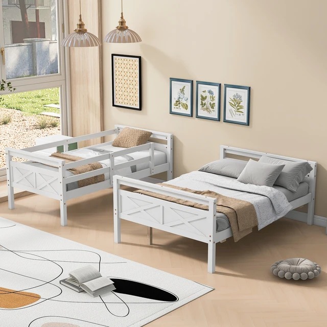 Alt view image 2 of 7 - Twin Over Full Bunk Bed with Ladder, Safety Guardrail, White, Pine, Beds Frames Bases