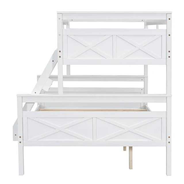 Alt view image 5 of 7 - Twin Over Full Bunk Bed with Ladder, Safety Guardrail, White, Pine, Beds Frames Bases