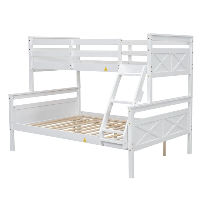 Alt view image 6 of 7 - Twin Over Full Bunk Bed with Ladder, Safety Guardrail, White, Pine, Beds Frames Bases