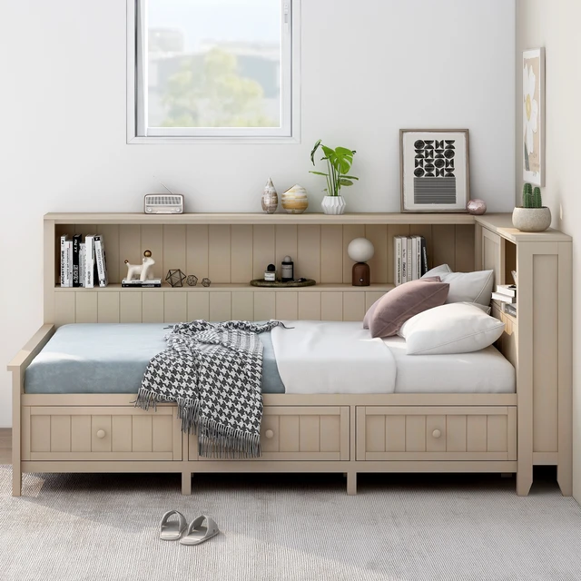 Alt view image 2 of 7 - Twin Size Daybed with Storage Shelves and 3 Drawers, Milk, Antique White, Solid Wood and MDF, Beds Frames Bases
