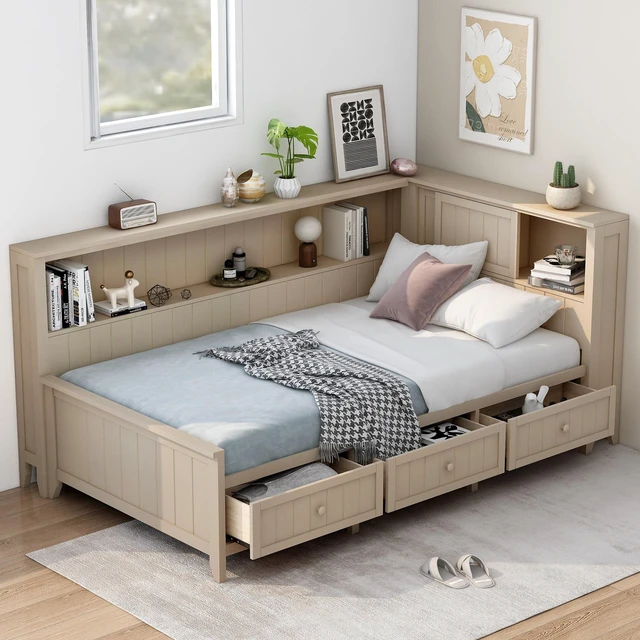 Main image of Twin Size Daybed with Storage Shelves and 3 Drawers, Milk, Antique White, Solid Wood and MDF, Beds Frames Bases