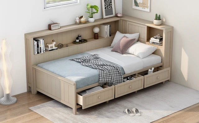 Alt view image 4 of 7 - Twin Size Daybed with Storage Shelves and 3 Drawers, Milk, Antique White, Solid Wood and MDF, Beds Frames Bases