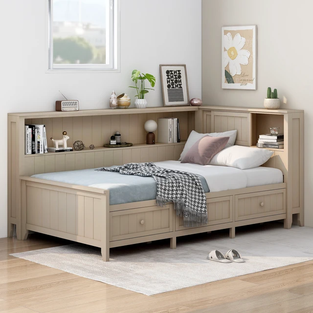 Alt view image 3 of 7 - Twin Size Daybed with Storage Shelves and 3 Drawers, Milk, Antique White, Solid Wood and MDF, Beds Frames Bases