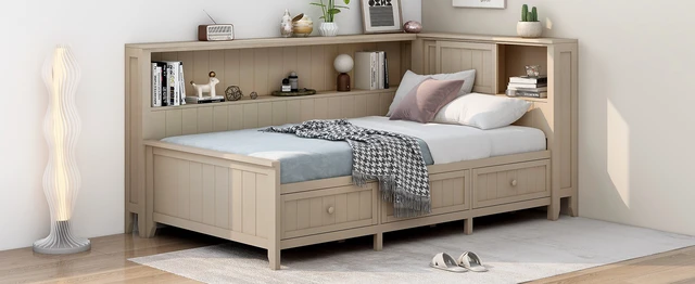 Alt view image 5 of 7 - Twin Size Daybed with Storage Shelves and 3 Drawers, Milk, Antique White, Solid Wood and MDF, Beds Frames Bases