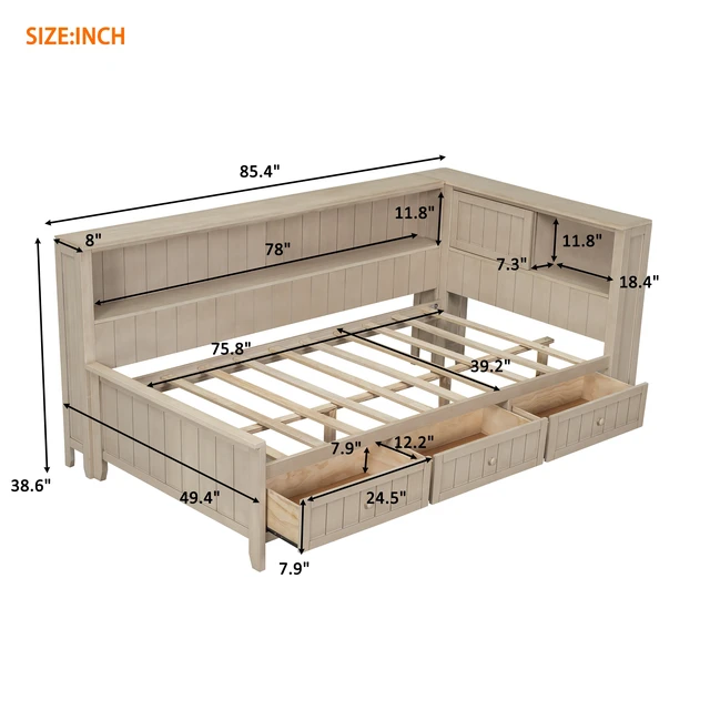 Alt view image 6 of 7 - Twin Size Daybed with Storage Shelves and 3 Drawers, Milk, Antique White, Solid Wood and MDF, Beds Frames Bases