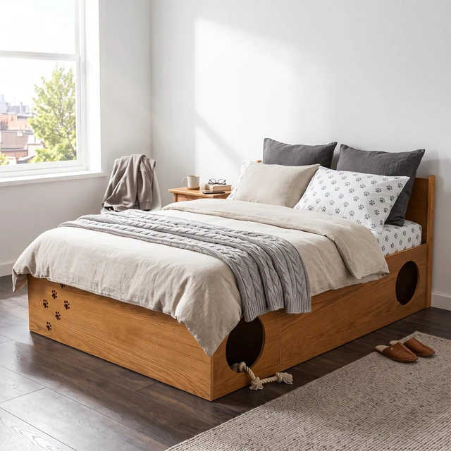 Main image of Queen Platform Bed with Removable Headboard, Under Bed Pet Maze and Private Space Decorative Footboard Detachable