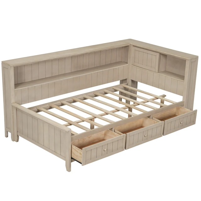 Alt view image 7 of 7 - Twin Size Daybed with Storage Shelves and 3 Drawers, Milk, Antique White, Solid Wood and MDF, Beds Frames Bases