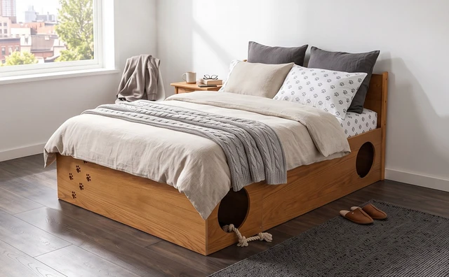 Alt view image 6 of 7 - Queen Platform Bed with Removable Headboard, Under Bed Pet Maze and Private Space Decorative Footboard Detachable