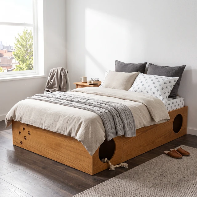Alt view image 3 of 7 - Queen Platform Bed with Removable Headboard, Under Bed Pet Maze and Private Space Decorative Footboard Detachable