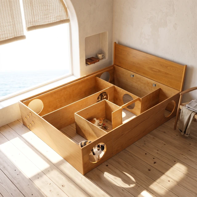 Alt view image 4 of 7 - Queen Platform Bed with Removable Headboard, Under Bed Pet Maze and Private Space Decorative Footboard Detachable