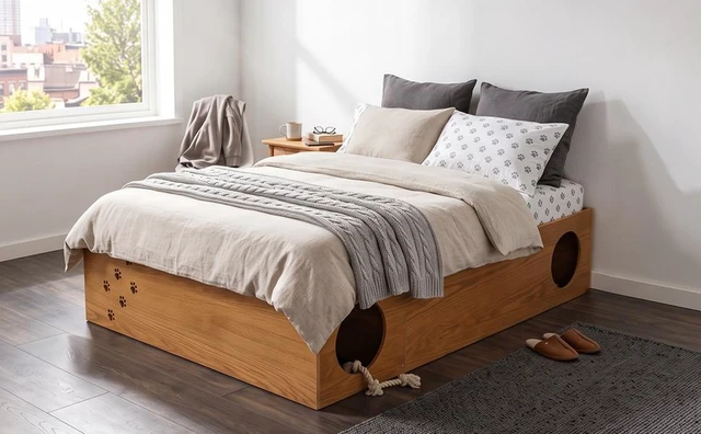 Alt view image 7 of 7 - Queen Platform Bed with Removable Headboard, Under Bed Pet Maze and Private Space Decorative Footboard Detachable