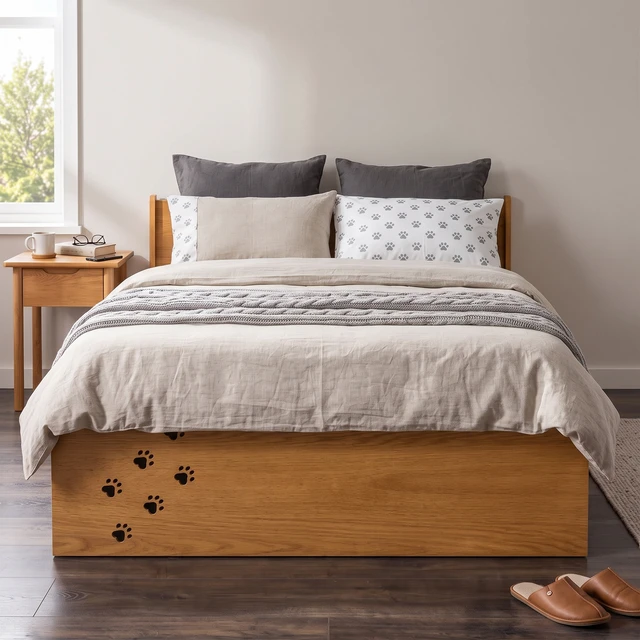 Alt view image 2 of 7 - Queen Platform Bed with Removable Headboard, Under Bed Pet Maze and Private Space Decorative Footboard Detachable